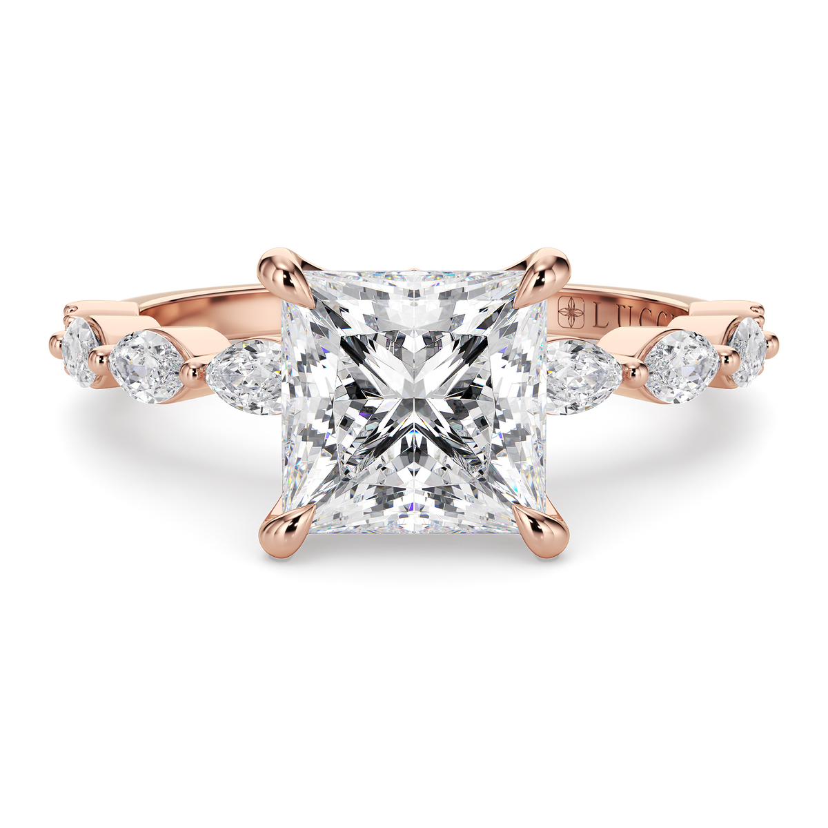 Load image into Gallery viewer, LUCCE Cluster Shared Prong Princess Diamond Engagement Ring with Petal Prongs in Gold or Platinum
