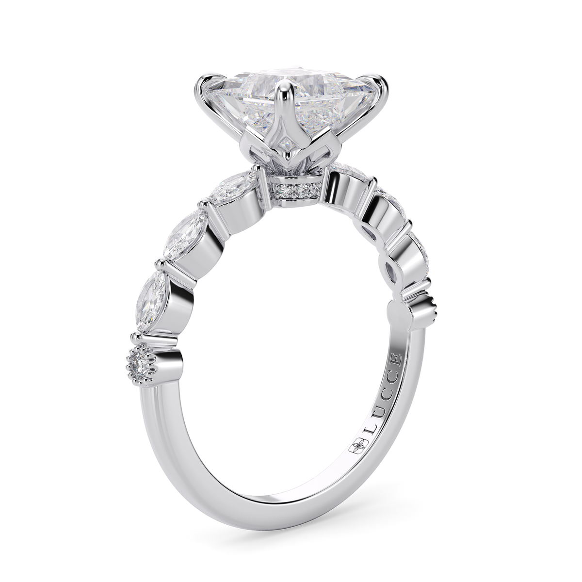 Load image into Gallery viewer, LUCCE Cluster Shared Prong Princess Diamond Engagement Ring with Petal Prongs in Gold or Platinum
