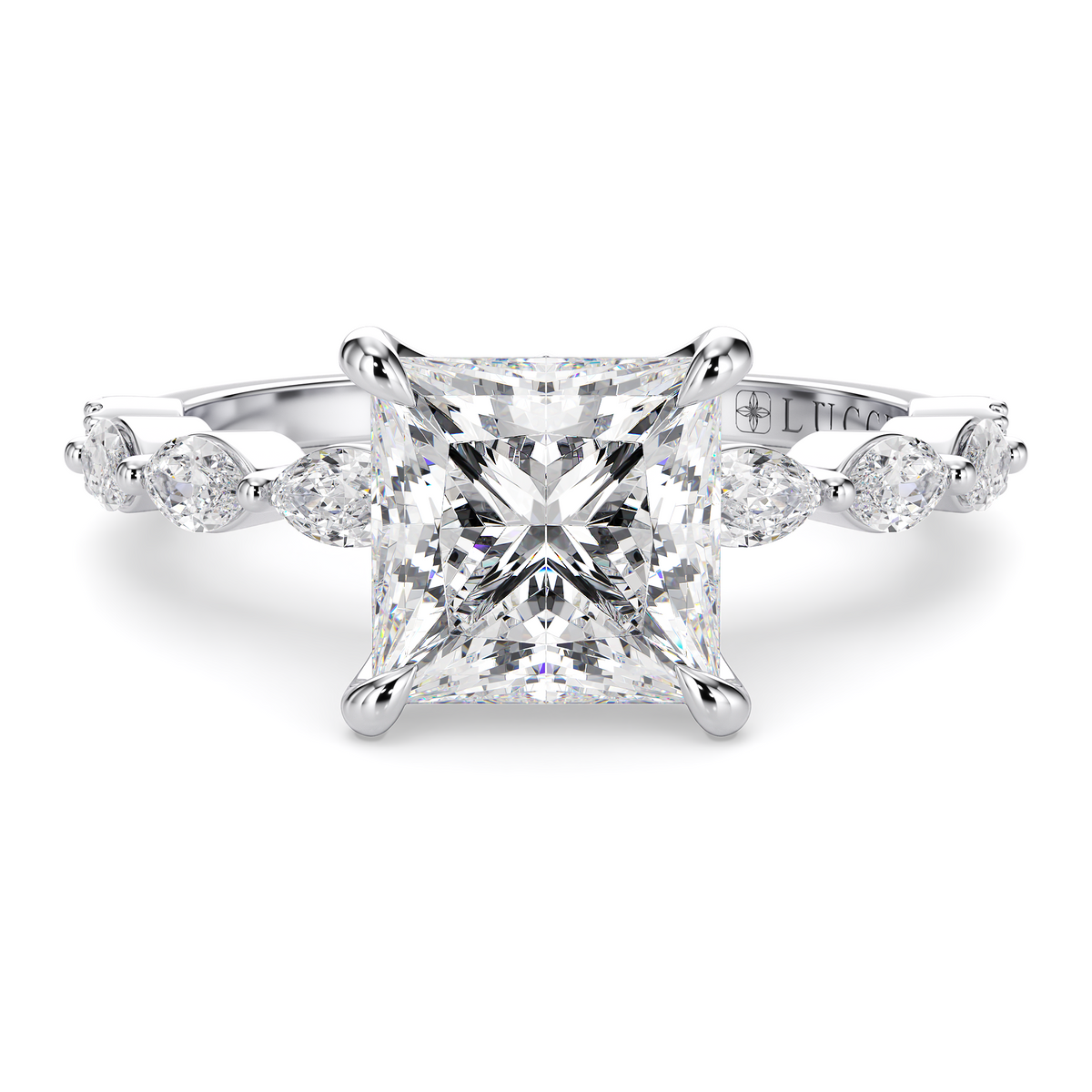 Load image into Gallery viewer, LUCCE Cluster Shared Prong Princess Diamond Engagement Ring with Petal Prongs in Gold or Platinum
