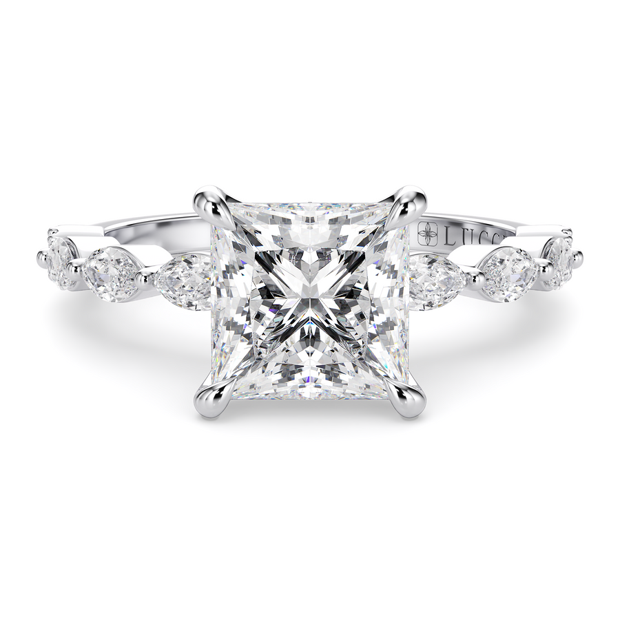 Load image into Gallery viewer, LUCCE Cluster Shared Prong Princess Diamond Engagement Ring with Petal Prongs in Gold or Platinum
