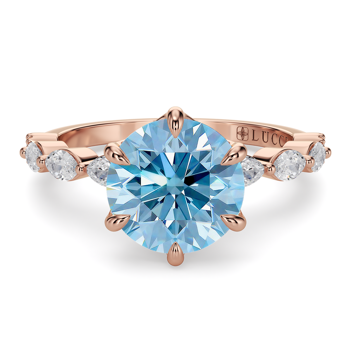 Load image into Gallery viewer, LUCCE Cluster Shared Prong Round Blue Diamond Engagement Ring with Petal Prongs in Gold or Platinum
