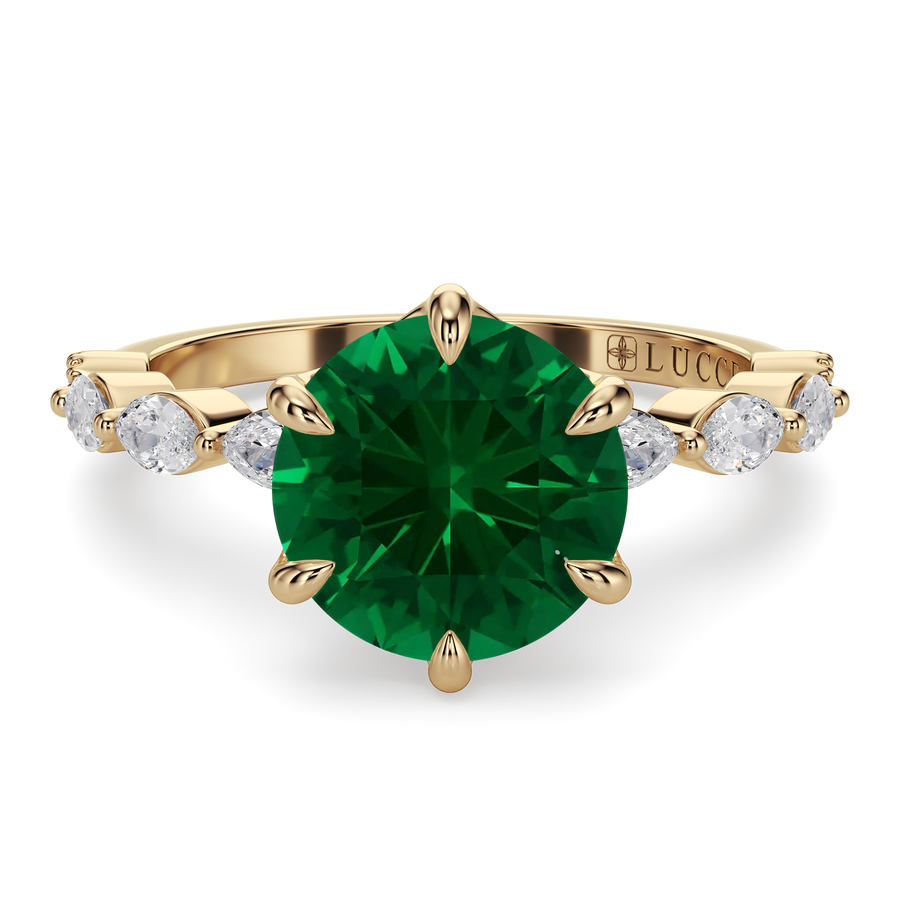 Load image into Gallery viewer, LUCCE Cluster Shared Prong Round Emerald Gemstone Engagement Ring with Petal Prongs in Gold or Platinum

