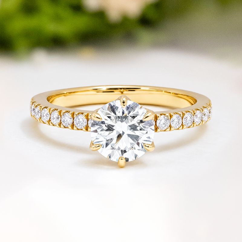 LUCCE LUCIA™ Pavé 6-Prong Round 1.02ct Lab Diamond D VVS2 Id IGI 14K Yellow Gold