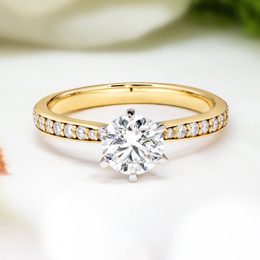 Load image into Gallery viewer, LUCCE ANGELA™ Pavé Round Lab Diamond 1.08ct D VVS2 Id IGI 14K Yellow Gold and Platinum Prongs

