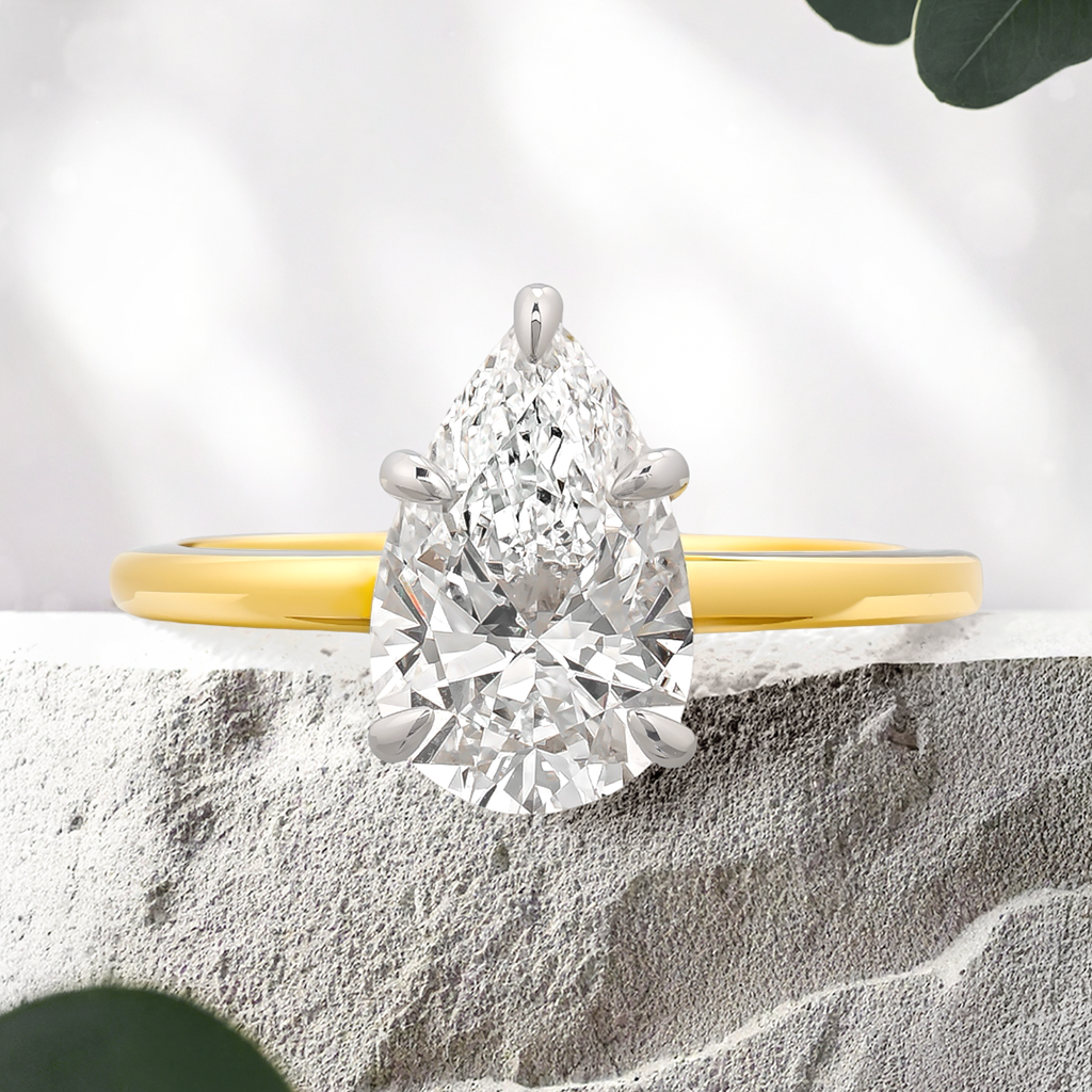 Lucce Verona Pear Lab Diamond 2.00ct E VS1 Ex IGI 18K Yellow Gold and Platinum Prongs