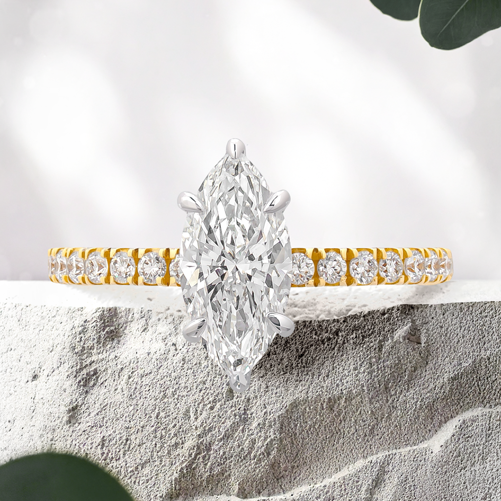 Lucce Verona Pave Marquise Lab Diamond 1.01ct D VVS2 Ex IGI 14K Yellow Gold and Platinum Prongs
