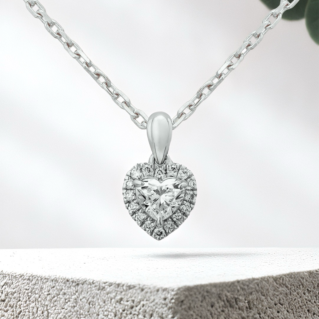 Load image into Gallery viewer, LUCCE Heart cut Diamond necklace with Halo Pendant Necklace in Gold or Platinum
