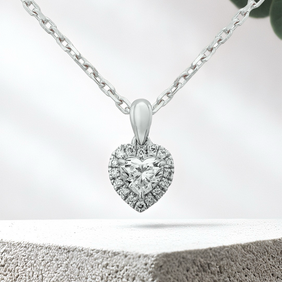 Load image into Gallery viewer, LUCCE Heart cut Diamond necklace with Halo Pendant Necklace in Gold or Platinum
