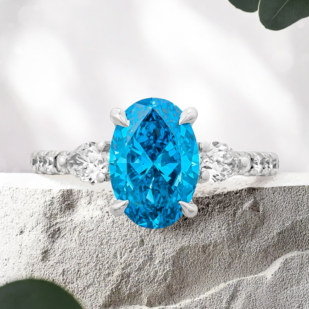 Lucce Sophia Pavé Oval Ocean Lab Diamond 1.70ct Fancy Vivid Blue VS1 Ex IGI Platinum