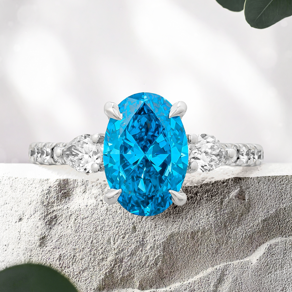 Lucce Sophia Pavé Oval Ocean Blue Lab Diamond 1.70ct Fancy Vivid Blue VS1 Ex IGI Platinum