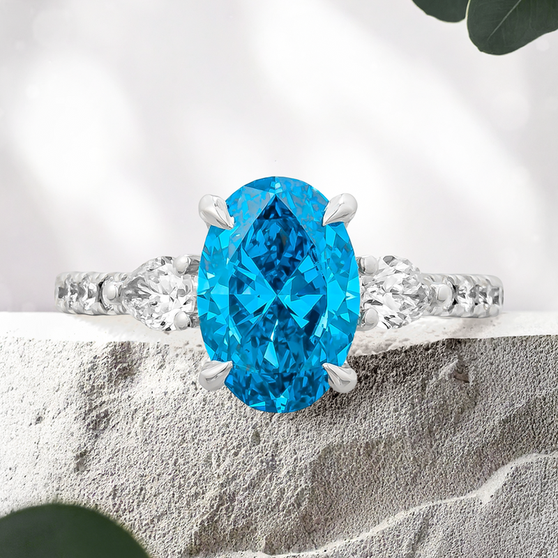 Lucce Sophia Pavé Oval Ocean Lab Diamond 1.70ct Fancy Vivid Blue VS1 Ex IGI Platinum