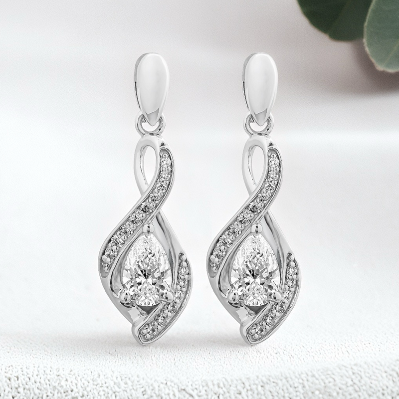 Lucce Fiore Infinity Pear Dangling Earrings Natural Diamond 0.60ctw D VS1 VS2 Ex GIA 18K White Gold