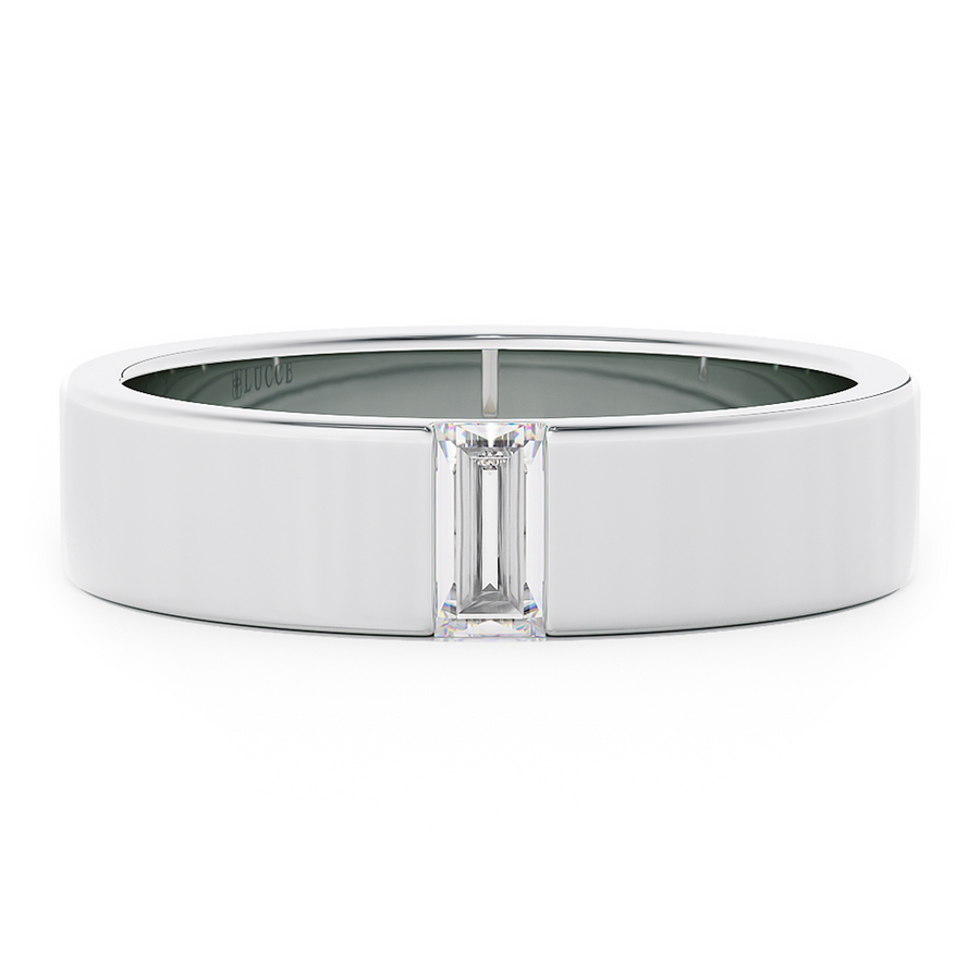 Load image into Gallery viewer, LUCCE Single Stone Baguette Classic Unisex Wedding Band with Brushed or Polished Finish in Gold or Platinum
