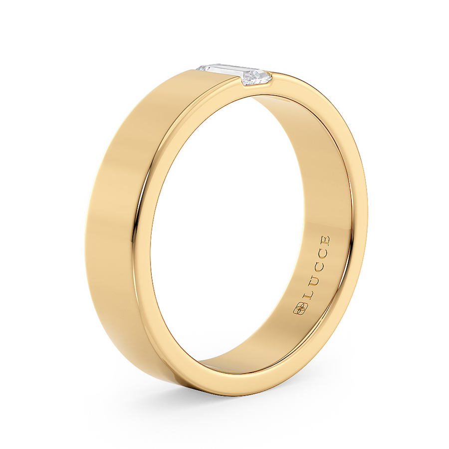 Load image into Gallery viewer, LUCCE Single Stone Baguette Classic Unisex Wedding Band with Brushed or Polished Finish in Gold or Platinum
