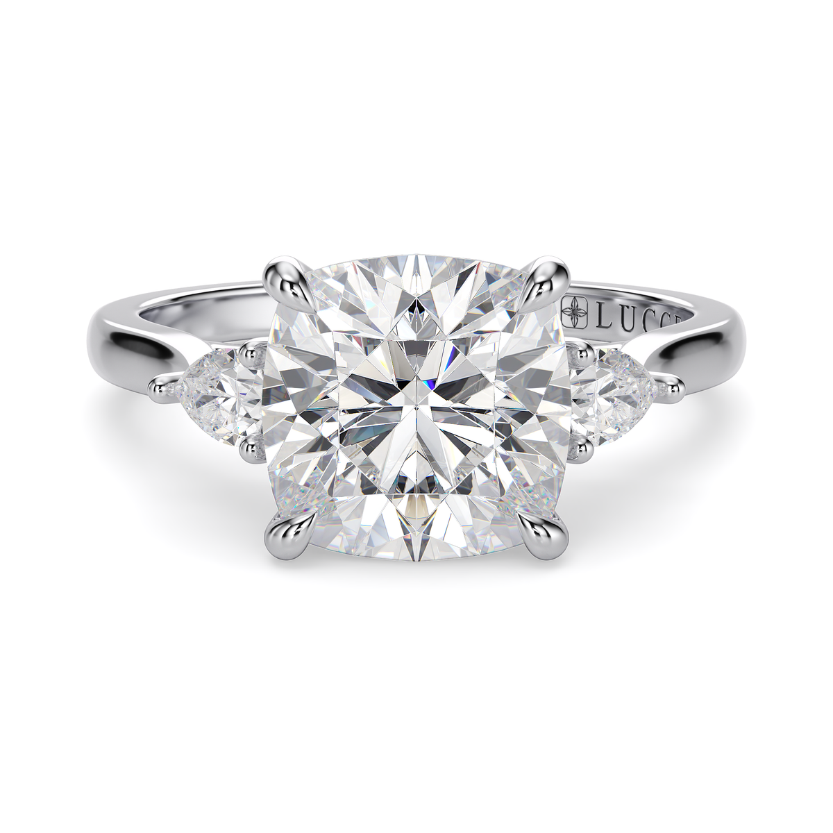Load image into Gallery viewer, LUCCE Cathedral Three Stone Cushion Diamond Engagement Ring in Gold or Platinum
