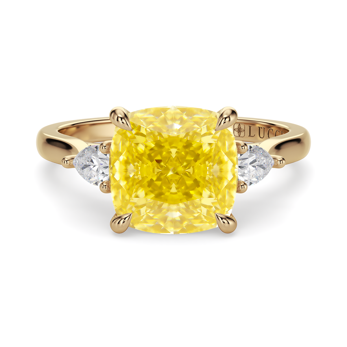Load image into Gallery viewer, LUCCE Cathedral Three Stone Cushion Yellow Diamond Engagement Ring in Gold or Platinum
