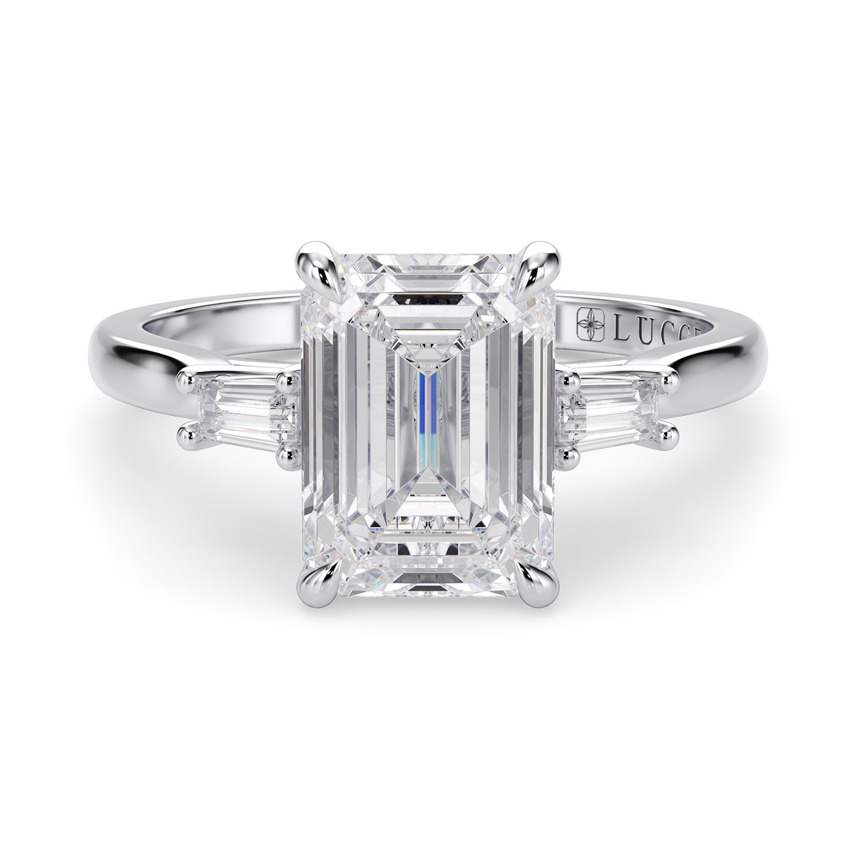 Load image into Gallery viewer, LUCCE Cathedral Three Stone Emerald Diamond Engagement Ring in Gold or Platinum
