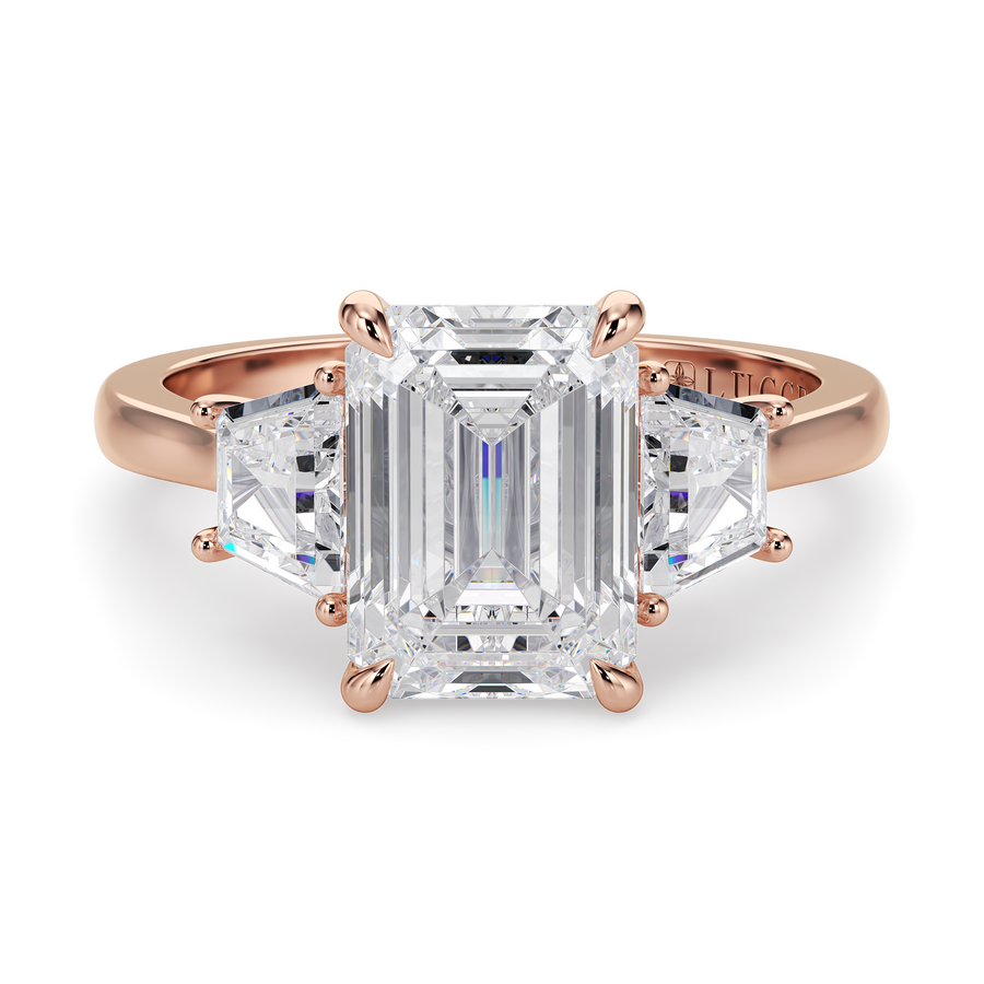 Load image into Gallery viewer, LUCCE Cathedral Three Stone Emerald Diamond Engagement Ring in Gold or Platinum
