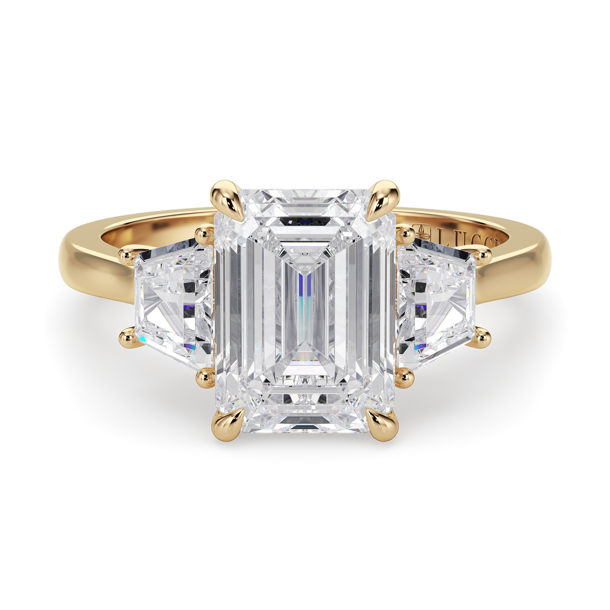 Load image into Gallery viewer, LUCCE Cathedral Three Stone Emerald Diamond Engagement Ring in Gold or Platinum
