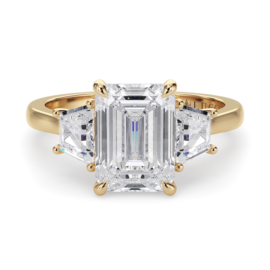 Load image into Gallery viewer, LUCCE Cathedral Three Stone Emerald Diamond Engagement Ring in Gold or Platinum
