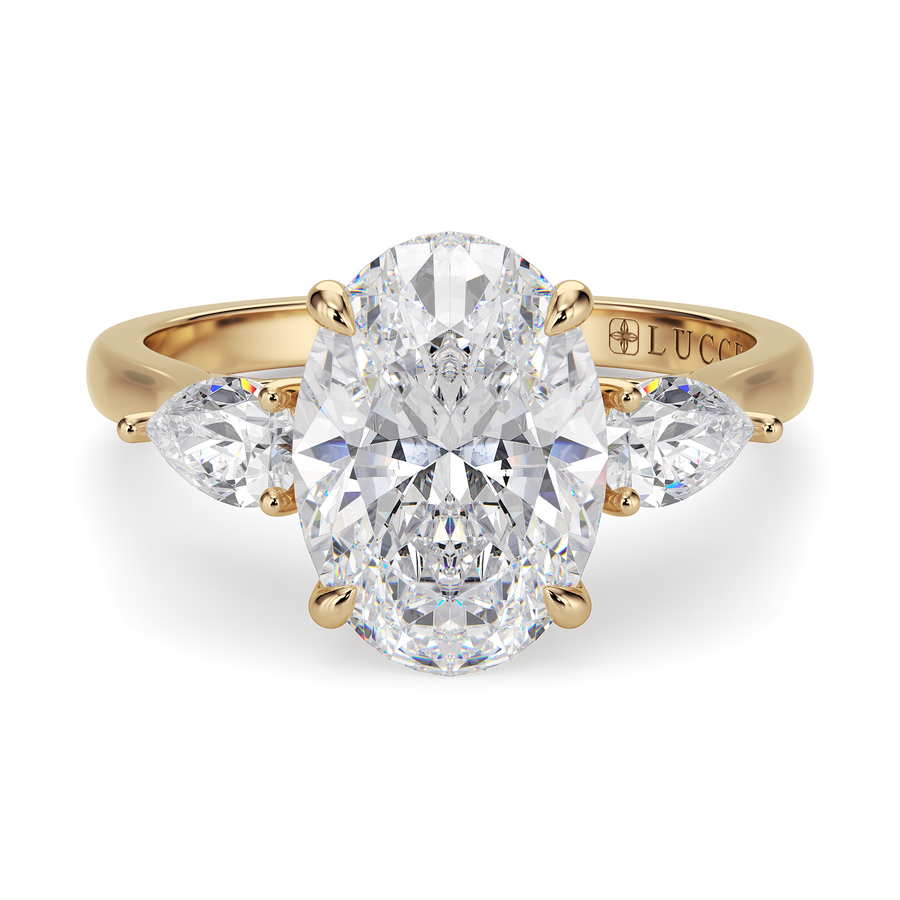 Load image into Gallery viewer, LUCCE Cathedral Three Stone Oval Diamond Engagement Ring in Gold or Platinum
