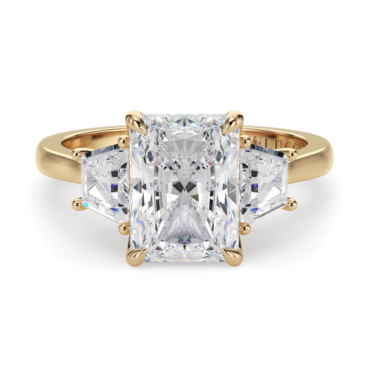 Load image into Gallery viewer, LUCCE Cathedral Three Stone Radiant Diamond Engagement Ring in Gold or Platinum
