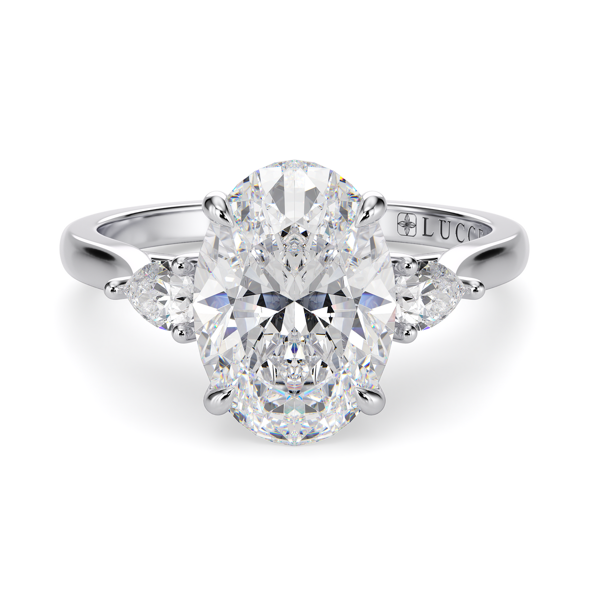 Load image into Gallery viewer, LUCCE Cathedral Three Stone Oval Diamond Engagement Ring in Gold or Platinum
