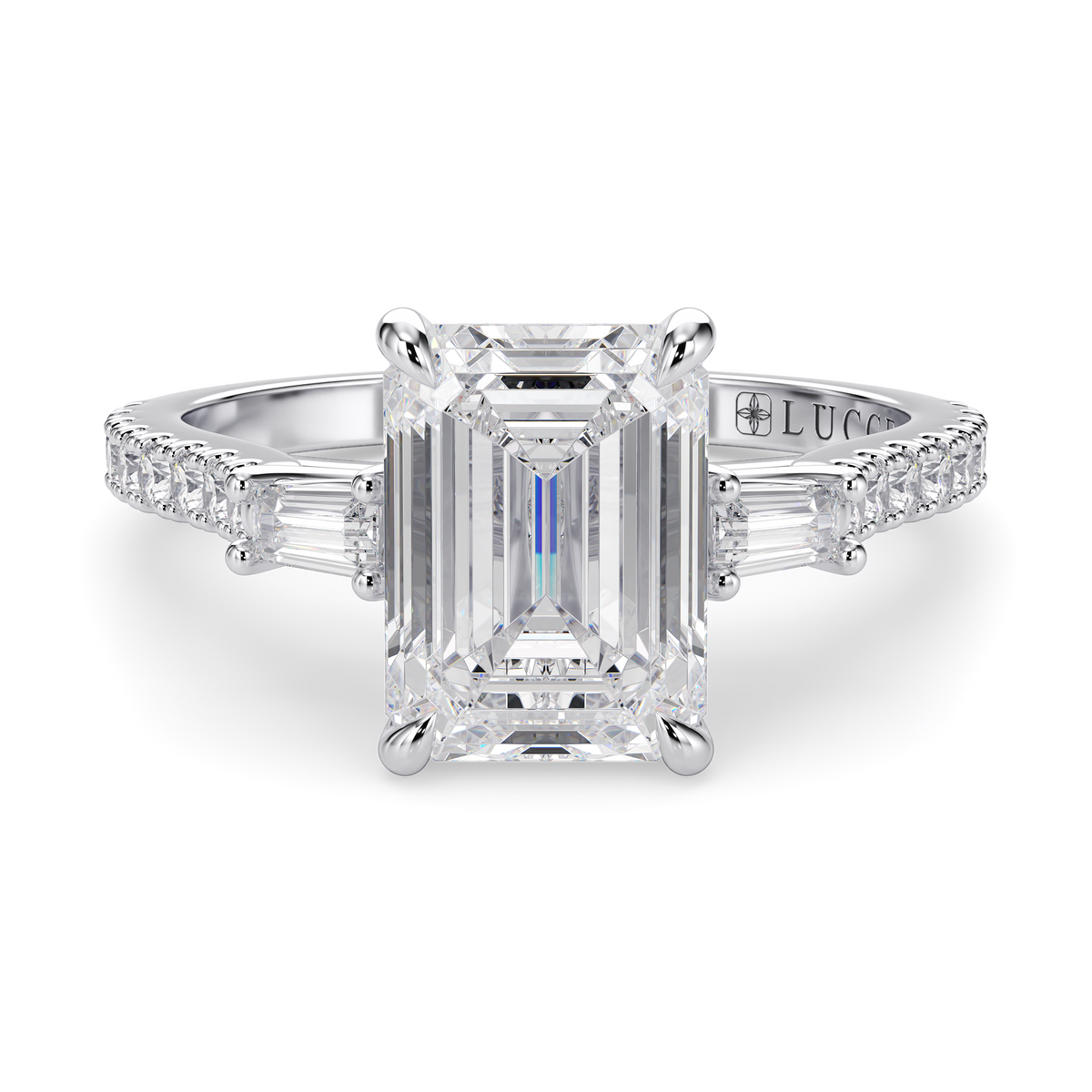 Load image into Gallery viewer, LUCCE Pavé Cathedral Three Stone Emerald Diamond Engagement Ring in Gold or Platinum
