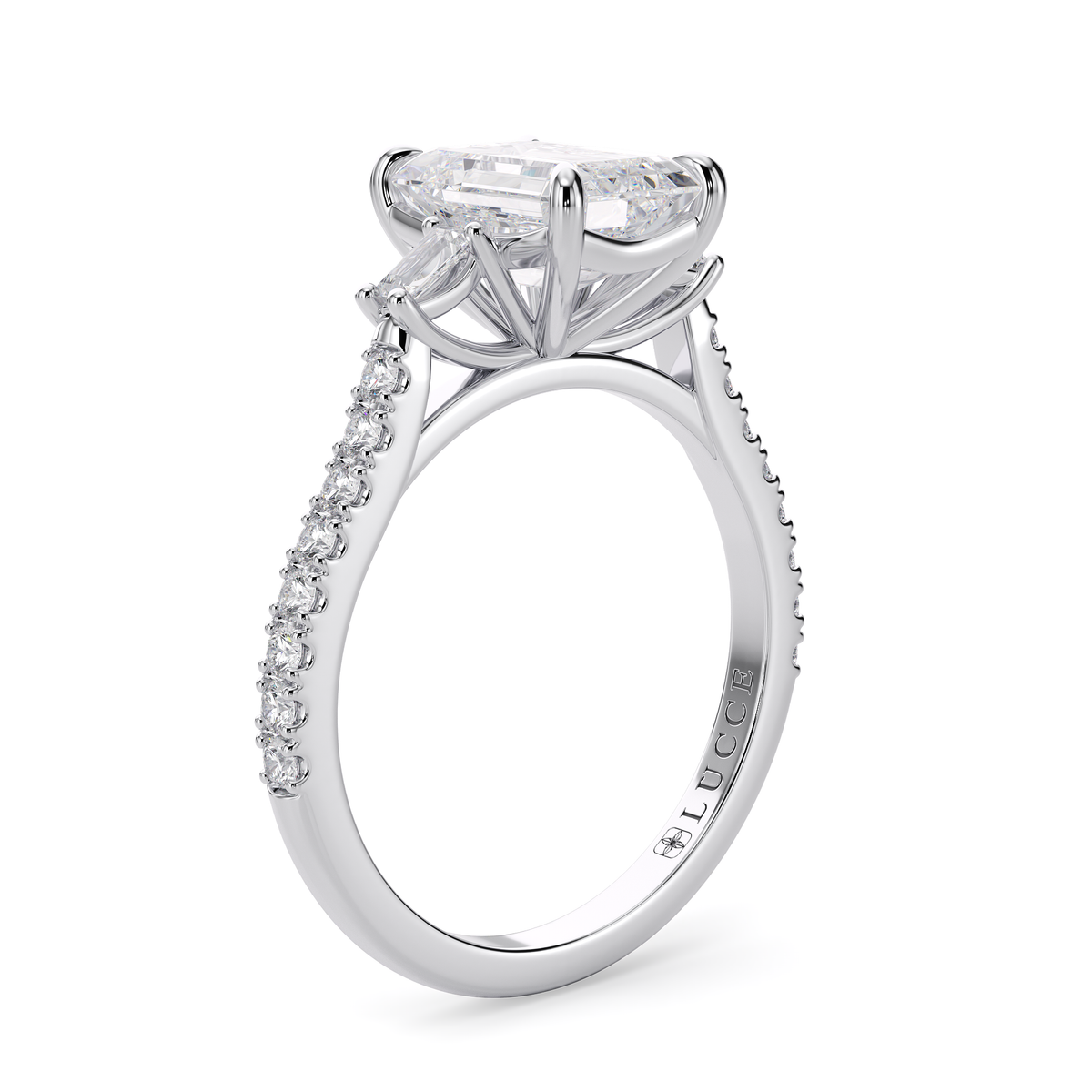 Load image into Gallery viewer, LUCCE Pavé Cathedral Three Stone Radiant Diamond Engagement Ring in Gold or Platinum
