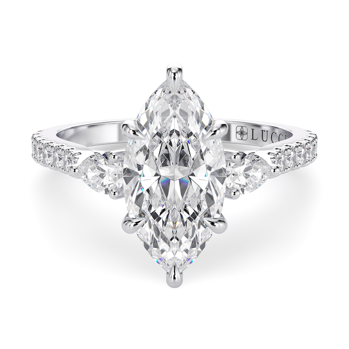 Load image into Gallery viewer, LUCCE Pavé Cathedral Three Stone Marquise Diamond Engagement Ring in Gold or Platinum
