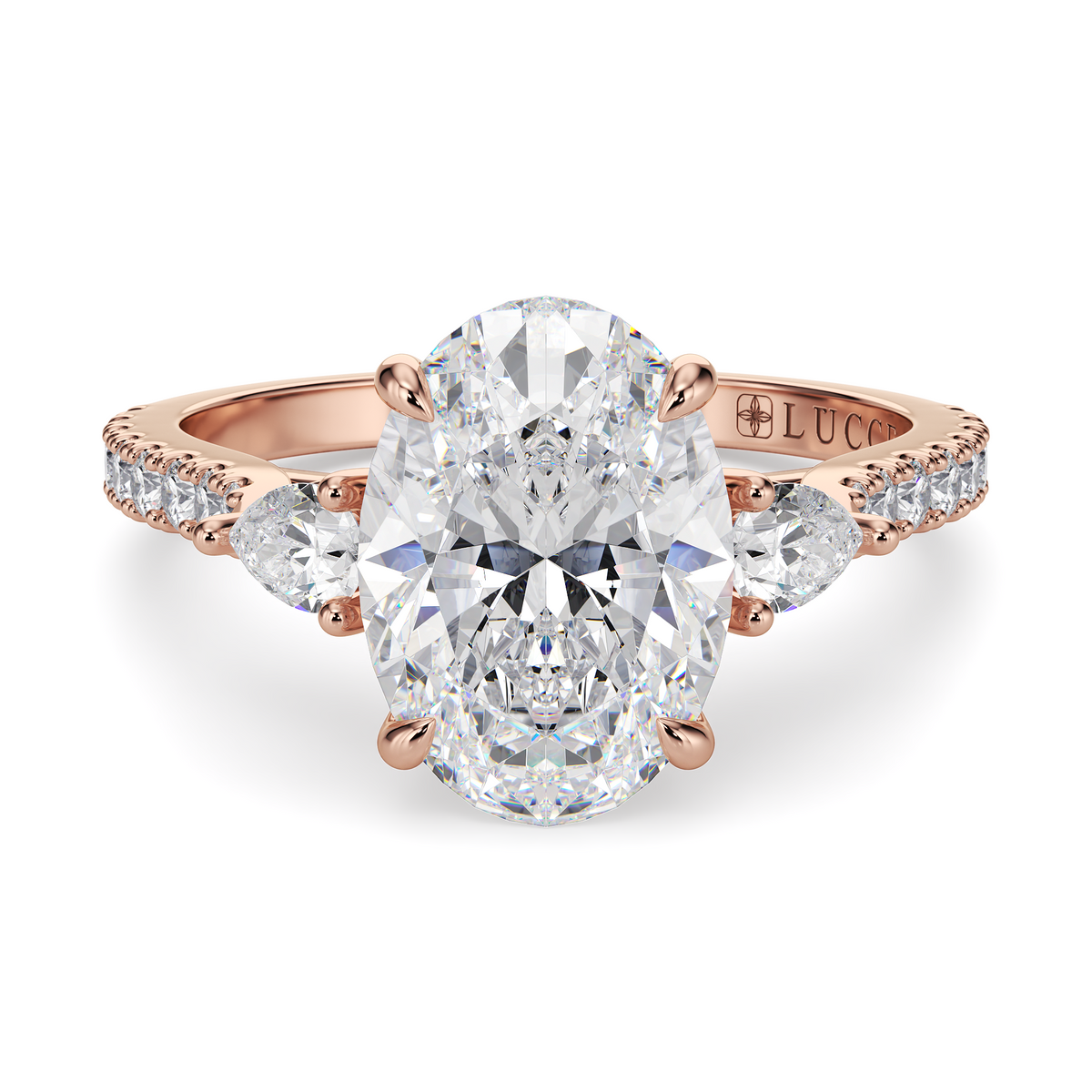 Load image into Gallery viewer, LUCCE Pavé Cathedral Three Stone Oval Diamond Engagement Ring in Gold or Platinum
