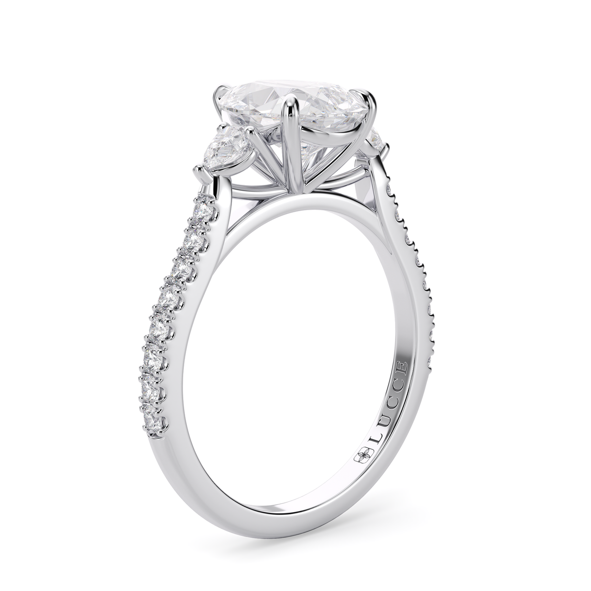 Load image into Gallery viewer, LUCCE Pavé Cathedral Three Stone Pear Diamond Engagement Ring in Gold or Platinum
