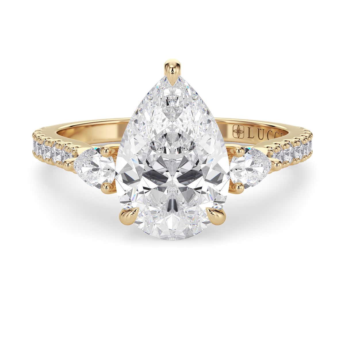 Load image into Gallery viewer, LUCCE Pavé Cathedral Three Stone Pear Diamond Engagement Ring in Gold or Platinum
