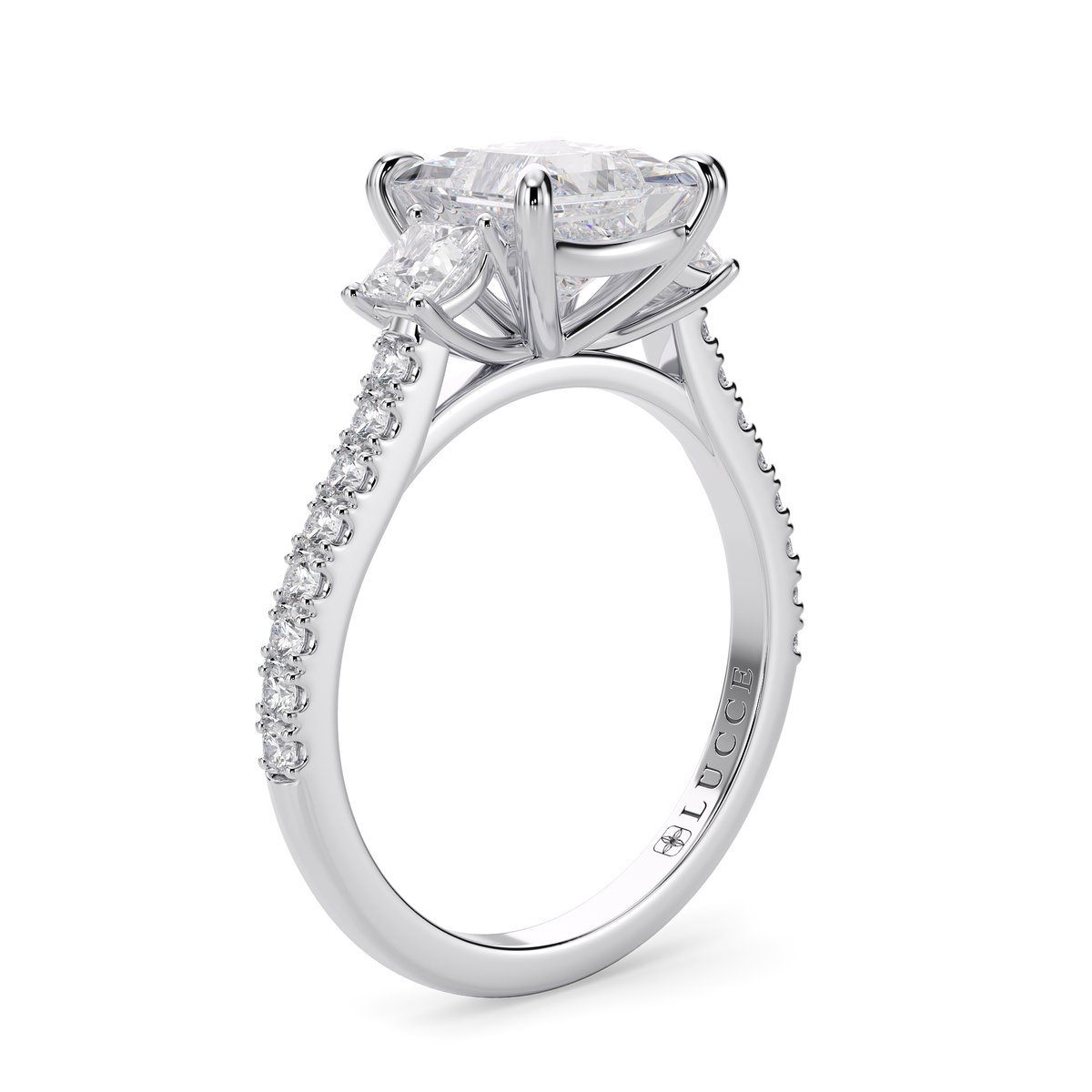 Load image into Gallery viewer, LUCCE Pavé Cathedral Three Stone Princess Diamond Engagement Ring in Gold or Platinum
