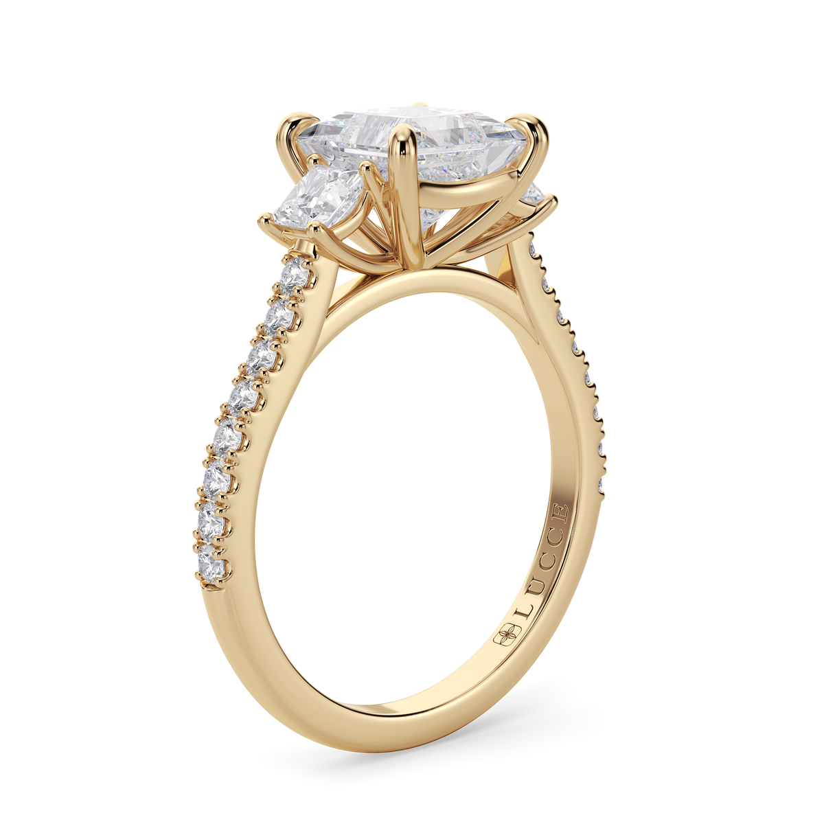 Load image into Gallery viewer, LUCCE Pavé Cathedral Three Stone Princess Diamond Engagement Ring in Gold or Platinum
