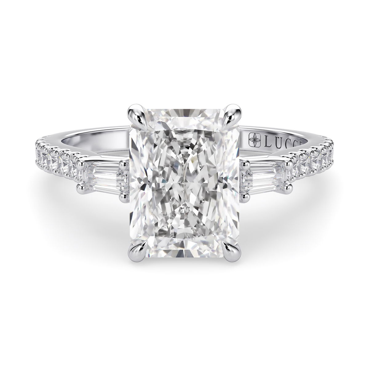 Load image into Gallery viewer, LUCCE Pavé Cathedral Three Stone Radiant Diamond Engagement Ring in Gold or Platinum
