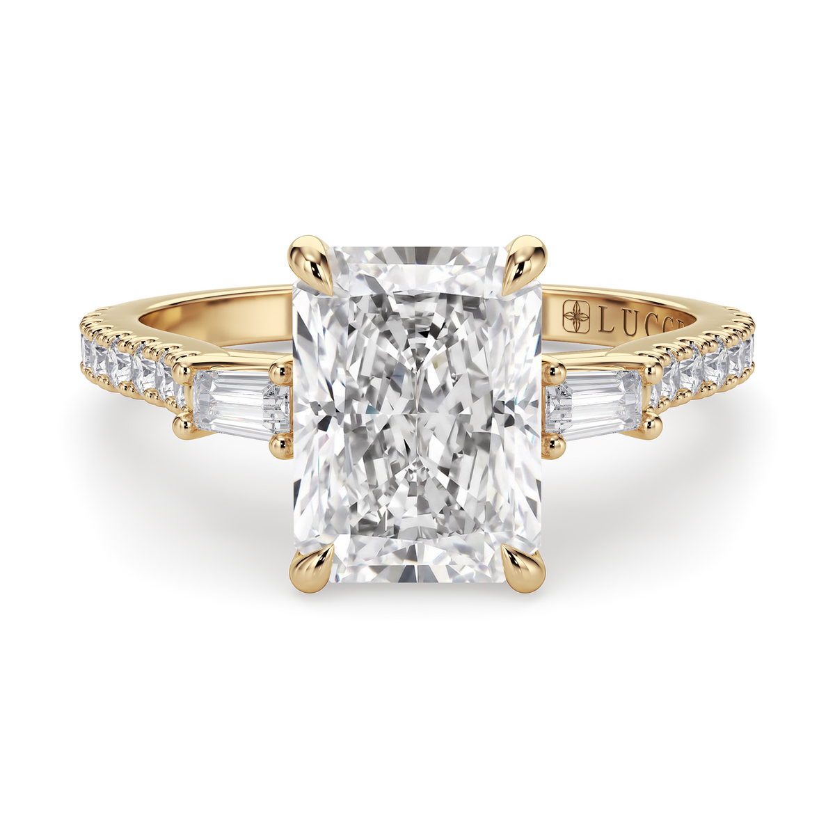 Load image into Gallery viewer, LUCCE Pavé Cathedral Three Stone Radiant Diamond Engagement Ring in Gold or Platinum
