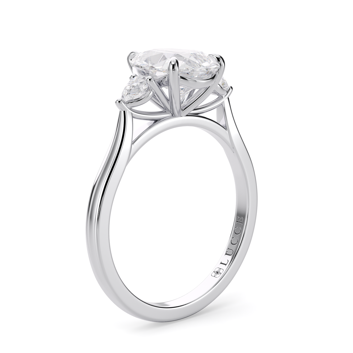 Load image into Gallery viewer, LUCCE Cathedral Three Stone Pear Diamond Engagement Ring in Gold or Platinum

