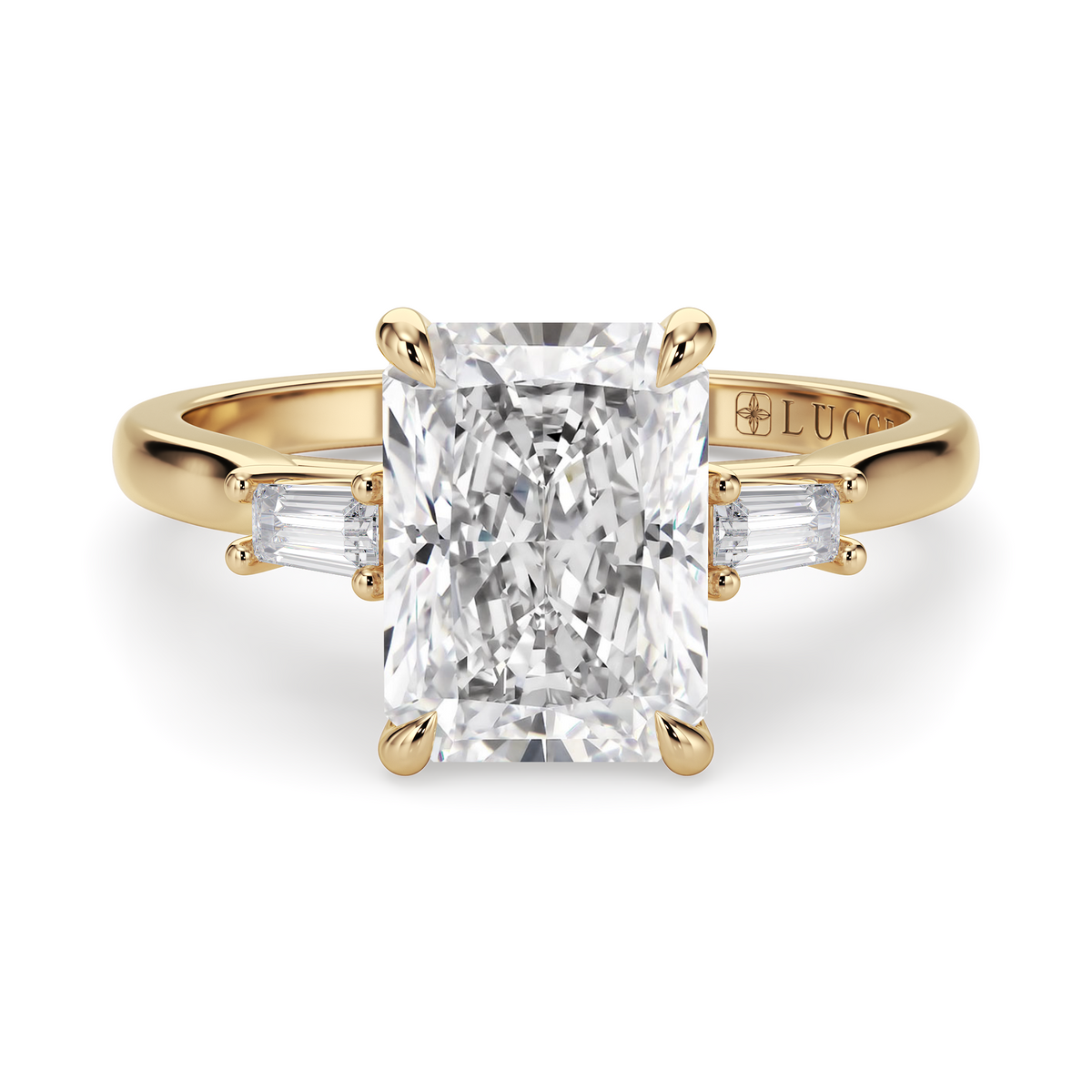 Load image into Gallery viewer, LUCCE Cathedral Three Stone Radiant Diamond Engagement Ring in Gold or Platinum
