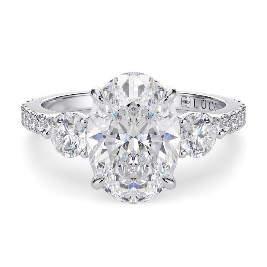 Load image into Gallery viewer, LUCCE Pavé Cathedral Three Stone Oval Diamond Engagement Ring in Gold or Platinum
