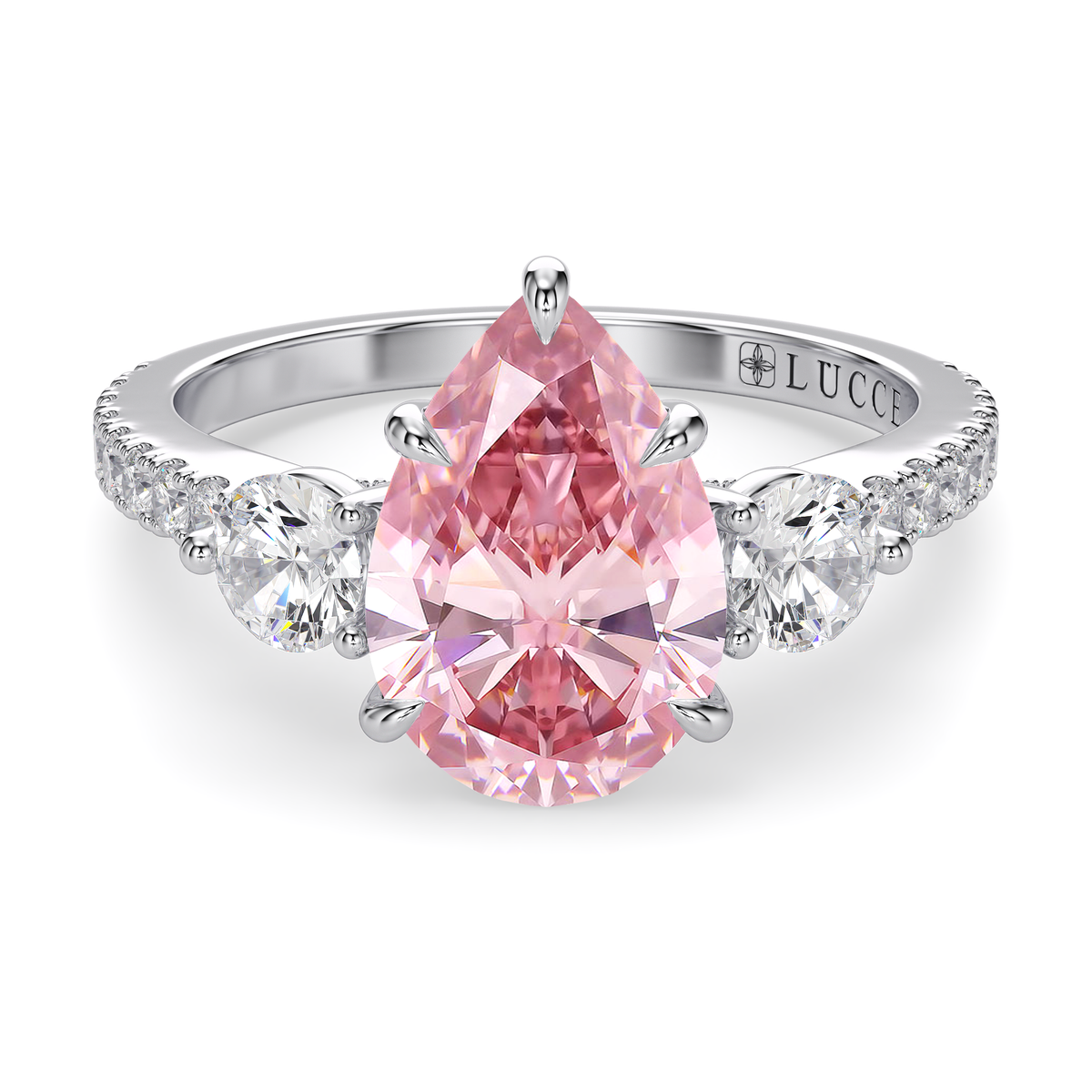 Load image into Gallery viewer, LUCCE Pavé Cathedral Three Stone Pear Pink Diamond Engagement Ring in Gold or Platinum
