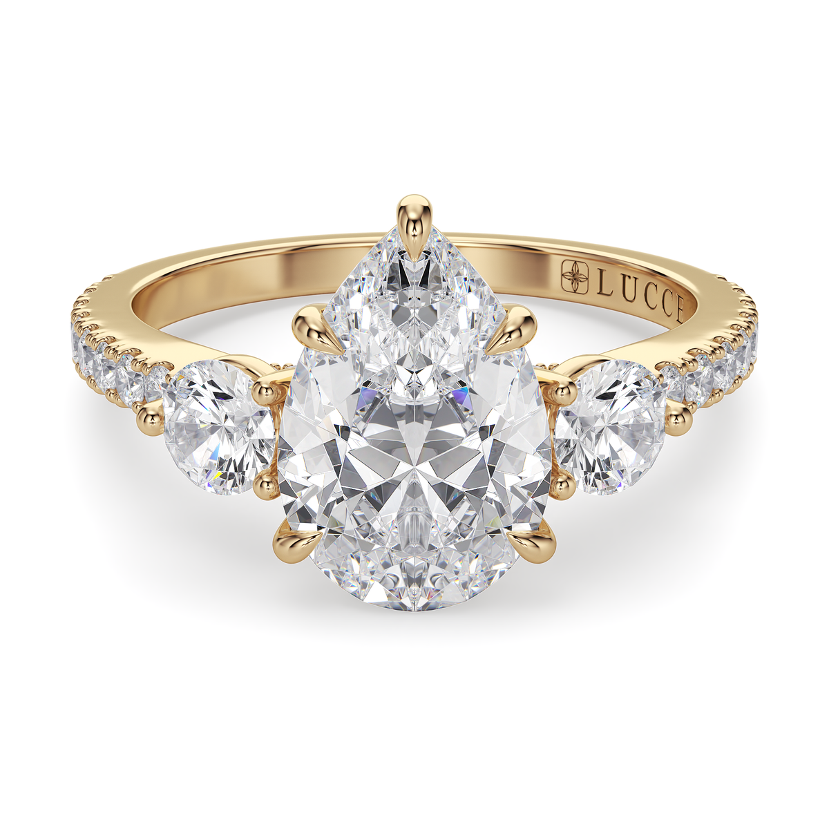 Load image into Gallery viewer, LUCCE Pavé Cathedral Three Stone Pear Diamond Engagement Ring in Gold or Platinum
