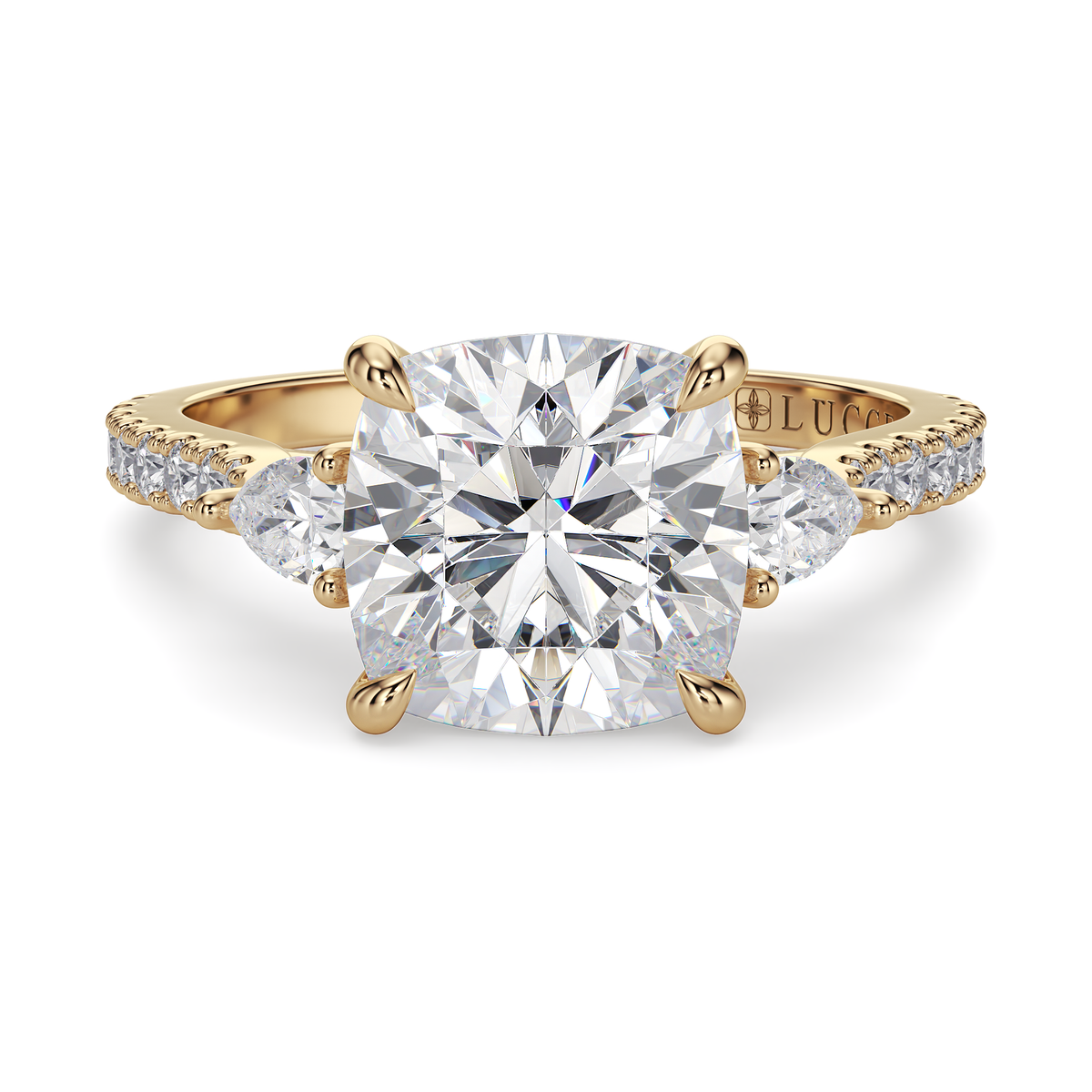 Load image into Gallery viewer, LUCCE Pavé Cathedral Three Stone Cushion Diamond Engagement Ring in Gold or Platinum
