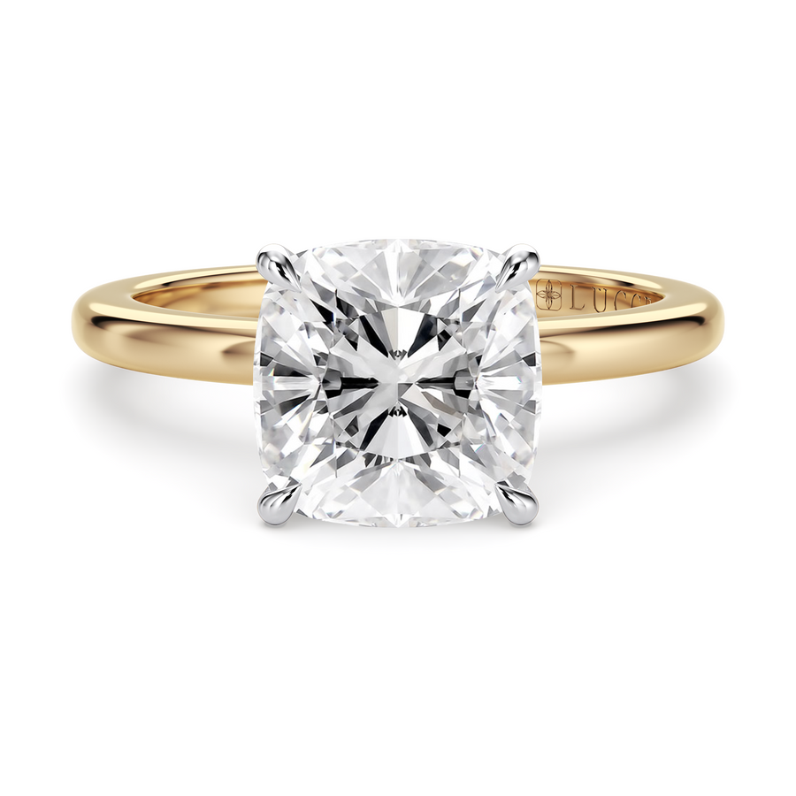 Load image into Gallery viewer, LUCCE High Setting Solitaire Cushion Diamond or Gemstone Engagement Ring with Hidden Halo in Gold or Platinum
