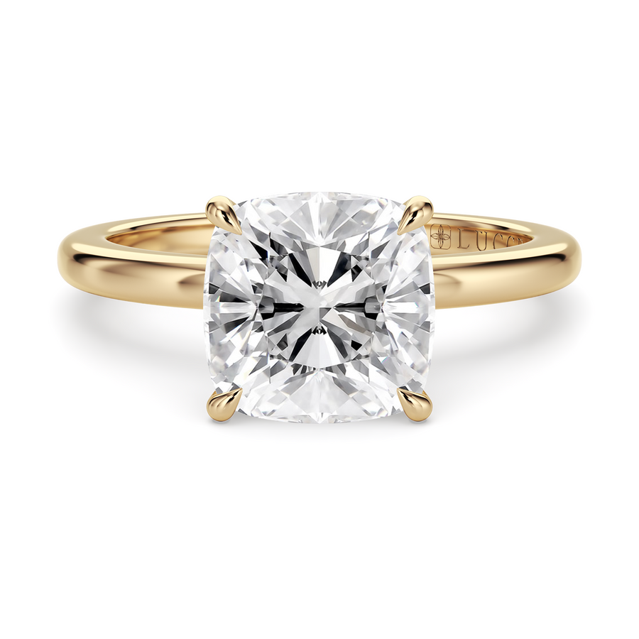 Load image into Gallery viewer, LUCCE High Setting Solitaire Cushion Diamond or Gemstone Engagement Ring with Hidden Halo in Gold or Platinum
