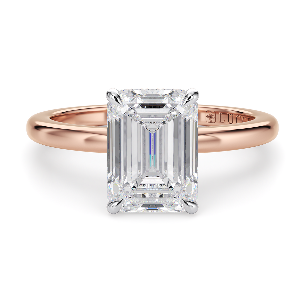 Load image into Gallery viewer, LUCCE High Setting Solitaire Emerald Diamond or Gemstone Engagement Ring with Hidden Halo in Gold or Platinum
