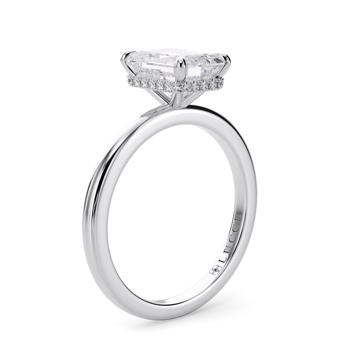 Load image into Gallery viewer, LUCCE High Setting Solitaire Emerald Diamond or Gemstone Engagement Ring with Hidden Halo in Gold or Platinum
