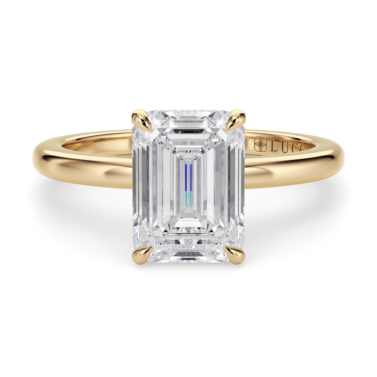 Load image into Gallery viewer, LUCCE High Setting Solitaire Emerald Diamond or Gemstone Engagement Ring with Hidden Halo in Gold or Platinum

