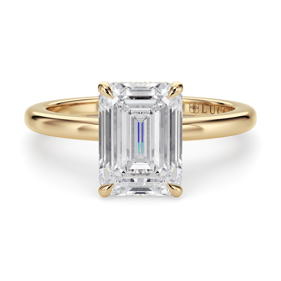 Load image into Gallery viewer, LUCCE High Setting Solitaire Emerald Diamond or Gemstone Engagement Ring with Hidden Halo in Gold or Platinum
