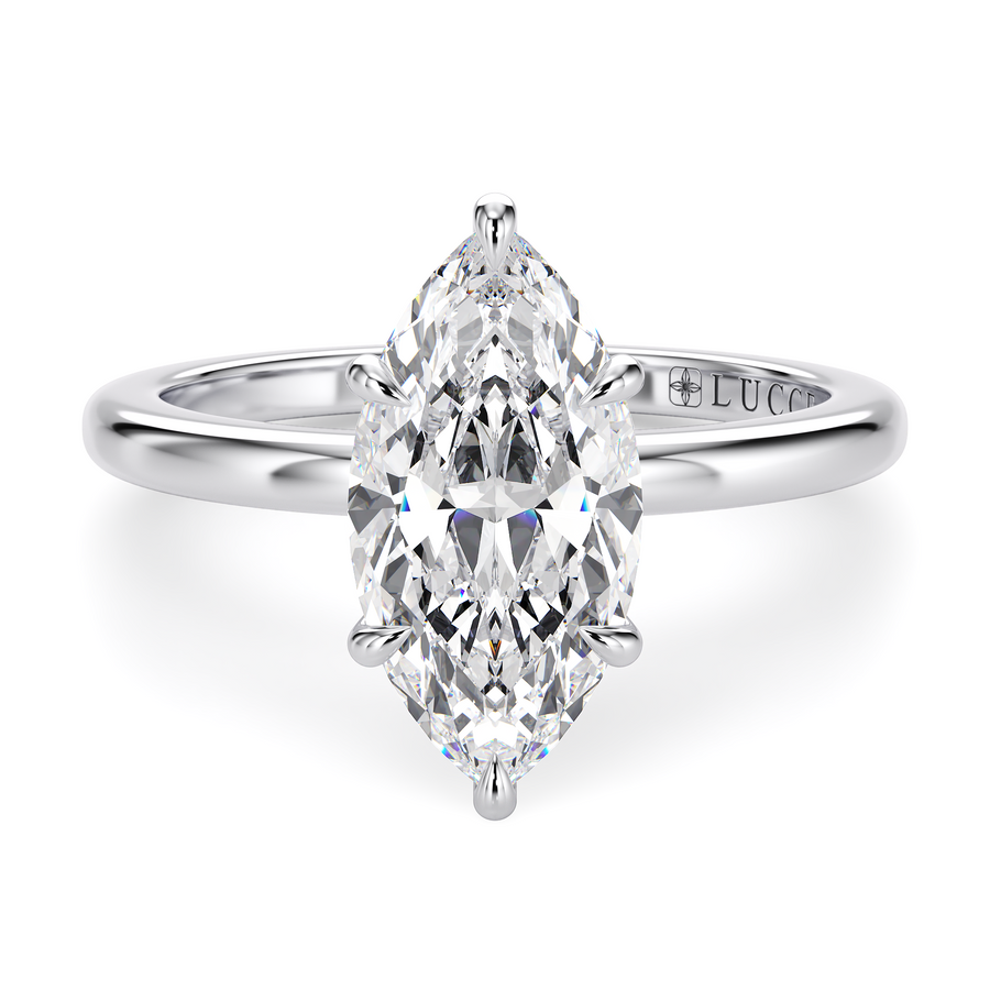 Load image into Gallery viewer, LUCCE High Setting Solitaire Marquise Diamond or Gemstone Engagement Ring with Hidden Halo in Gold or Platinum
